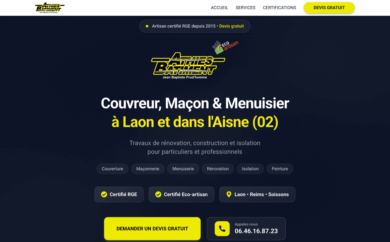 Capture du site internet de Athies Batiment, couvreur, maçon et menuisier, créé par Hexa Web