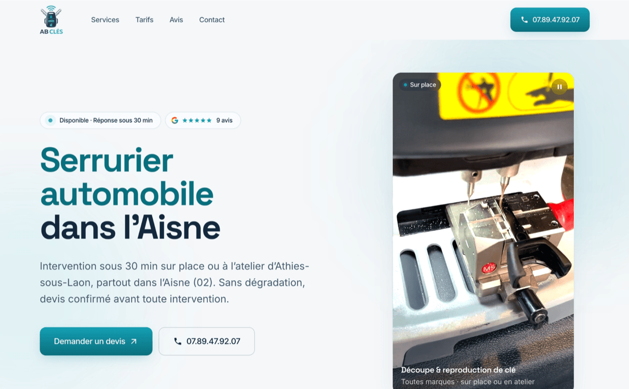 Capture du site internet de AB Clés, serrurier automobile, créé par Hexa Web