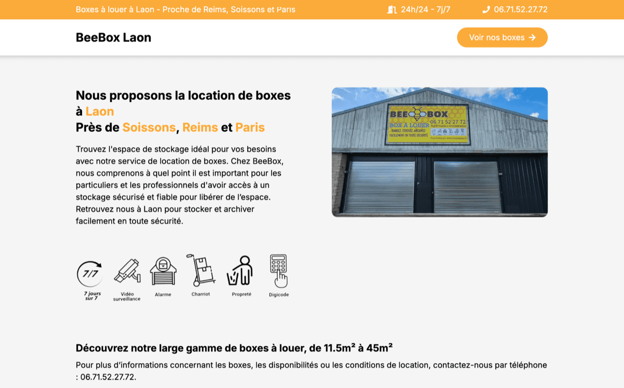 Capture du site internet de BeeBox Laon, location de boxes de stockage, créé par Hexa Web