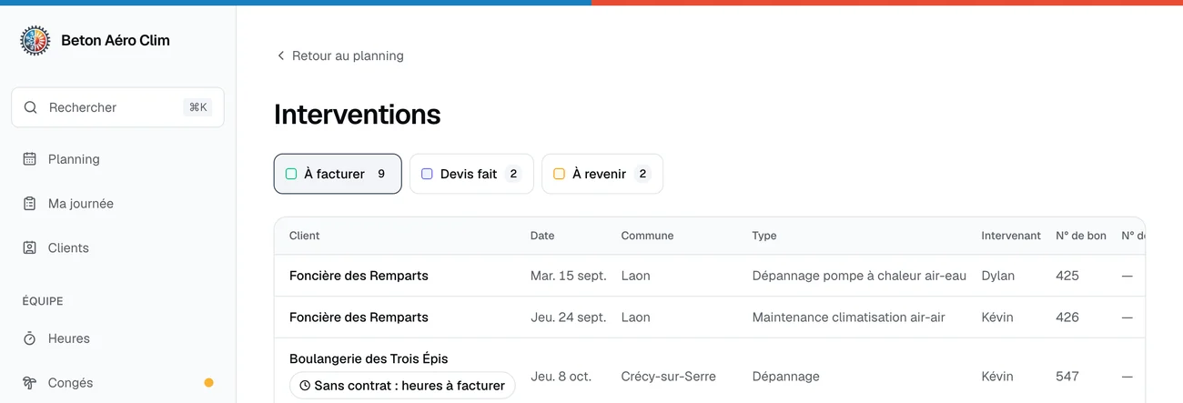 Liste des interventions à facturer de Beton Aéro Clim avec le client, la date, la commune, le type d'intervention, le technicien et le numéro de bon.