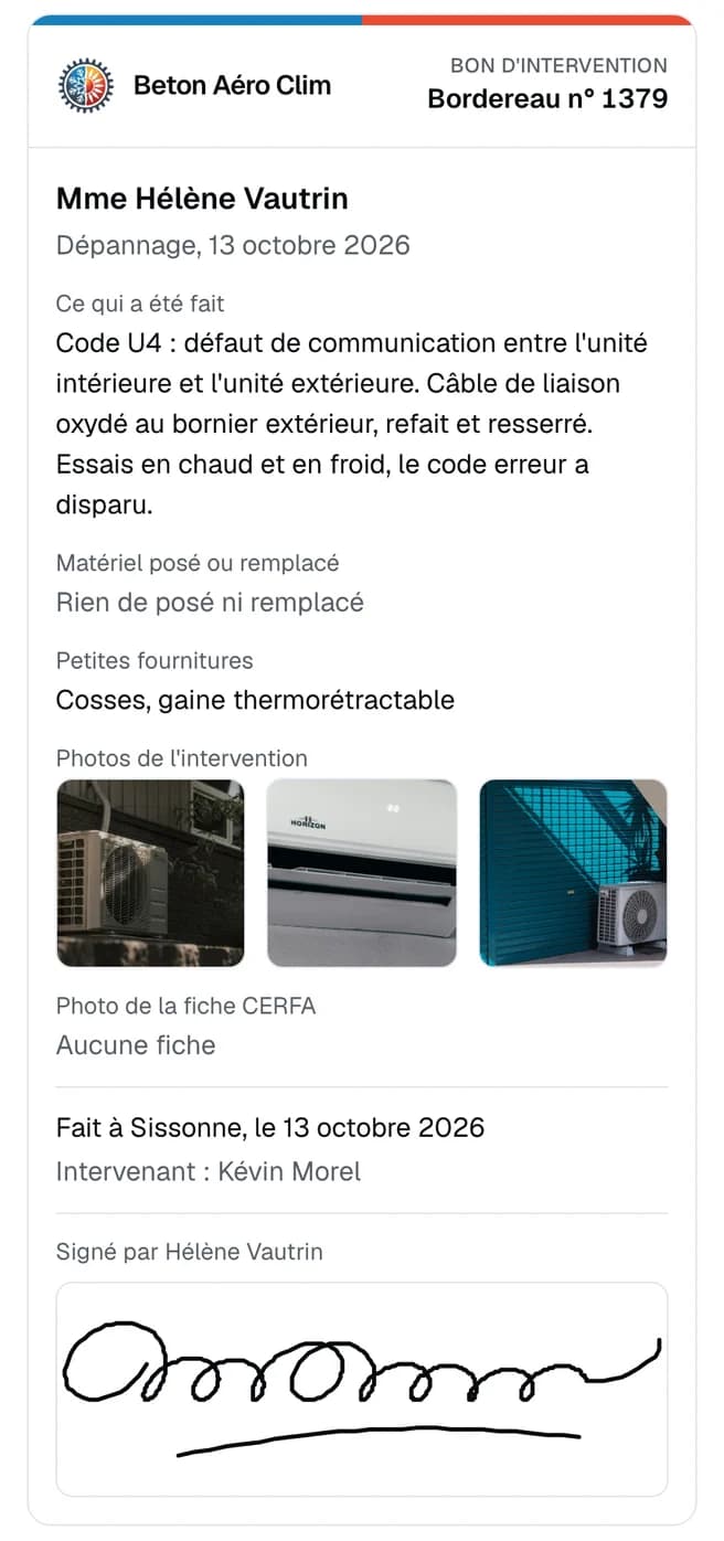 Bon d'intervention de Beton Aéro Clim sur un téléphone : le travail réalisé, trois photos de l'intervention et la signature du client.