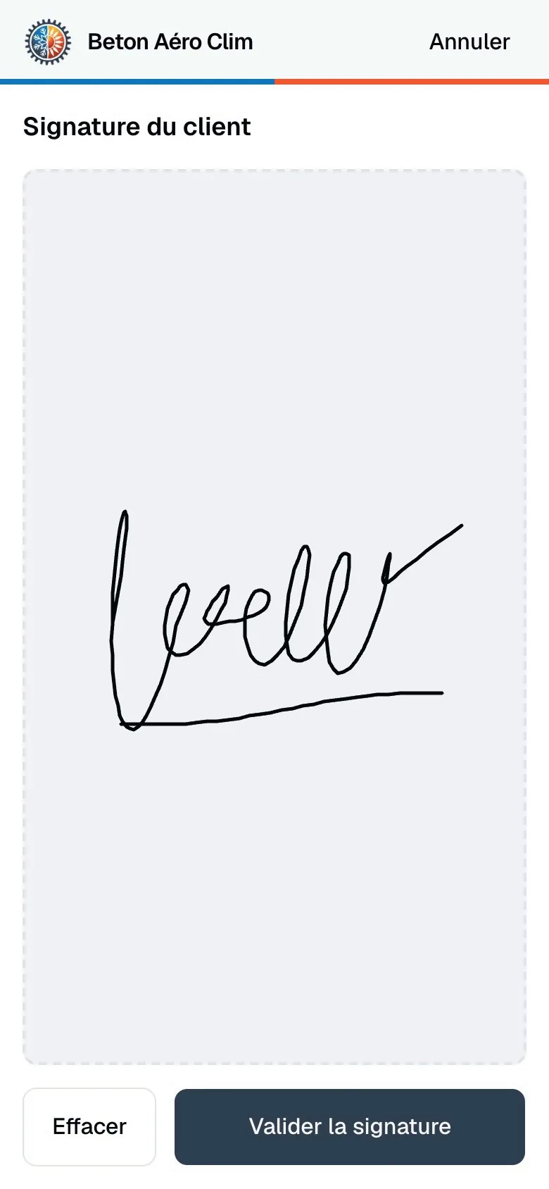 Écran de signature de l'application de Beton Aéro Clim sur un téléphone, avec la signature du client tracée au doigt.