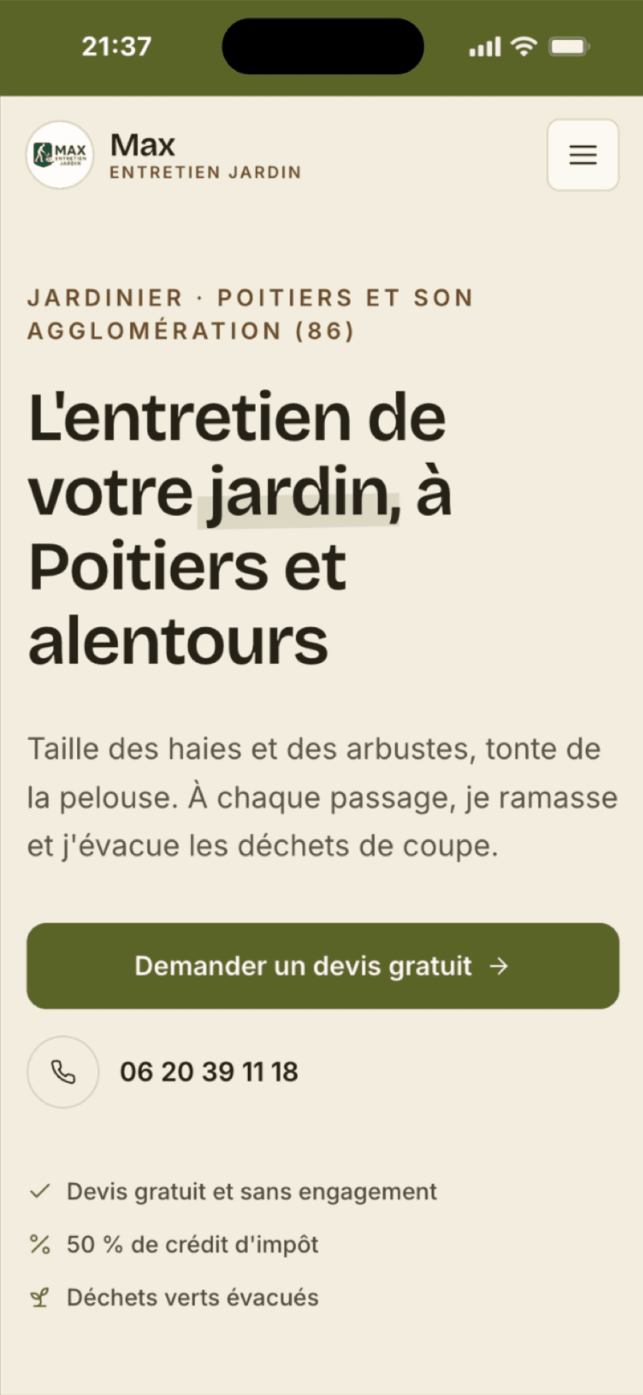 Le même site sur téléphone, avec le bouton de demande de devis et le numéro à appeler.