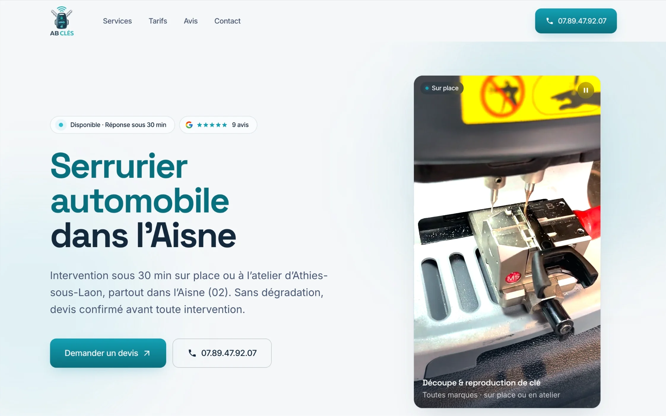 Page d'accueil du site internet d'AB Clés